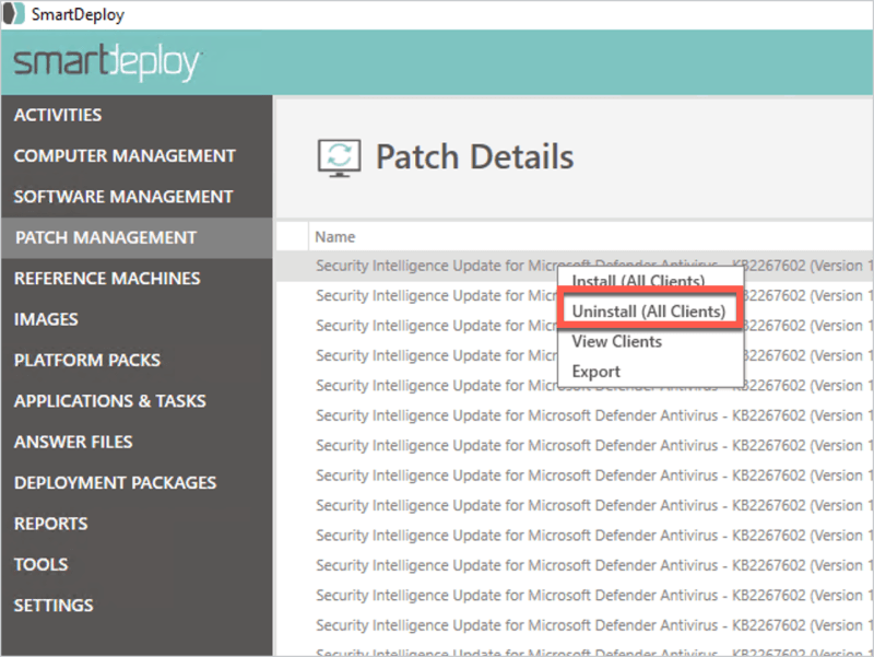 Patch Management uninstall patches in SmartDeploy